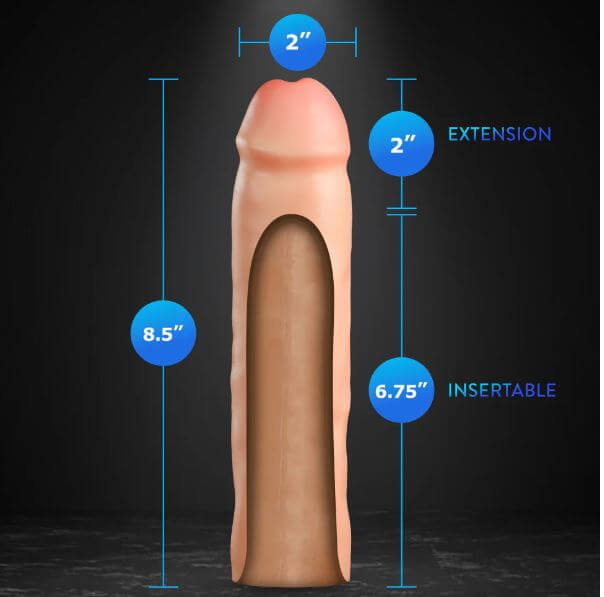 Performance Plus 2-Inch Silicone Penis Extender showing dimensions, including 8.5-inch length and 2-inch extension in beige.