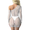 Back view of a woman wearing the Black Pearl Large Pothole Long Sleeve Dress White with cut-out detail.