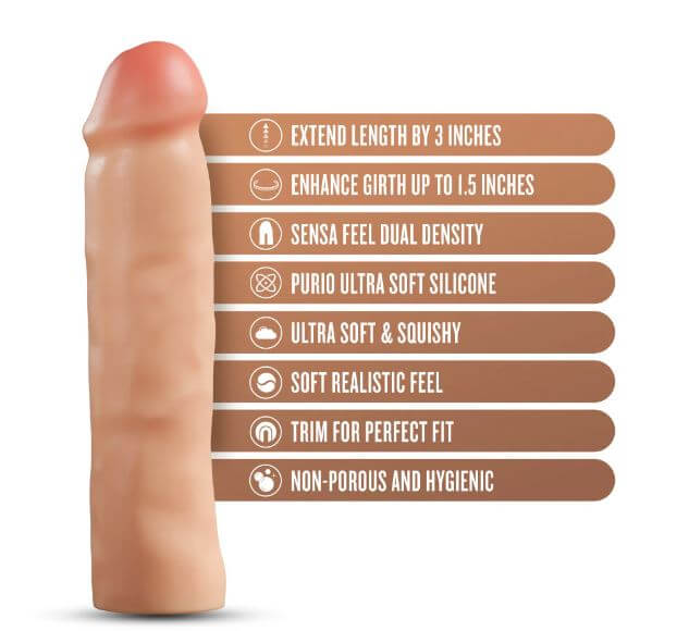 Performance Plus 3-Inch Silicone Penis Extender features and benefits list, including dual-density silicone for a realistic feel.