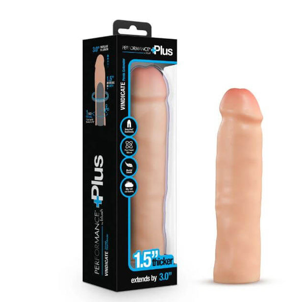 Performance Plus 3-Inch Silicone Penis Extender in beige with packaging, featuring dual-density for a realistic feel by Blush.