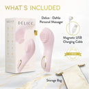 Delice Dahlia Stimulating Personal Massager Pink with packaging, USB charging cable, and storage bag.