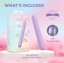 Play With Me Silicone Double Ended Vibrator Purple in packaging with USB charging cable and warranty details.
