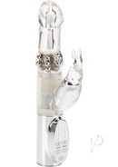 Jack Rabbit Platinum Collection Rabbit Vibrator Silver with rotating shaft and flexible ears for dual-action stimulation.