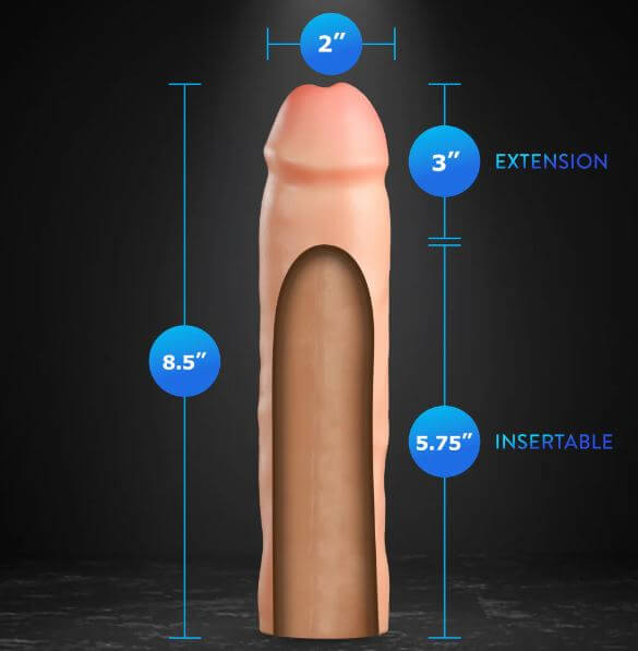 Performance Plus 3-Inch Silicone Penis Extender Dimensions – 8.5" total length, 5.75" insertable, 3" extension, 2" diameter.