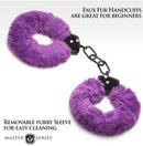 Purple furry handcuffs with metal chain, soft faux fur lining, adjustable with keys, perfect for beginners and easy cleaning.