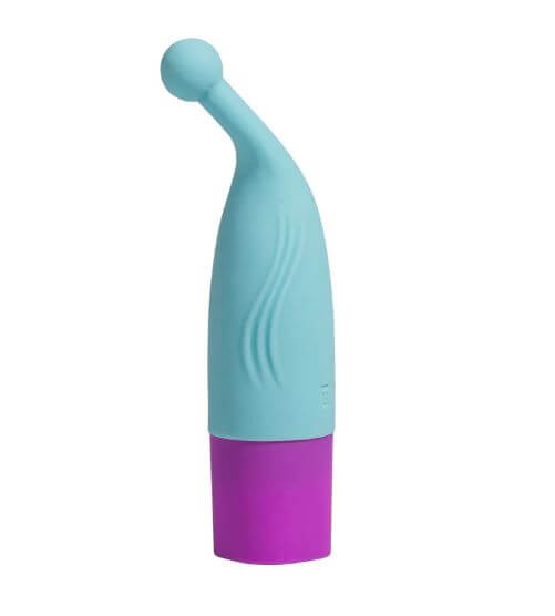 MACI Magnetic Mini Vibe in turquoise with purple base, featuring a curved design and soft silicone material for powerful vibrations.