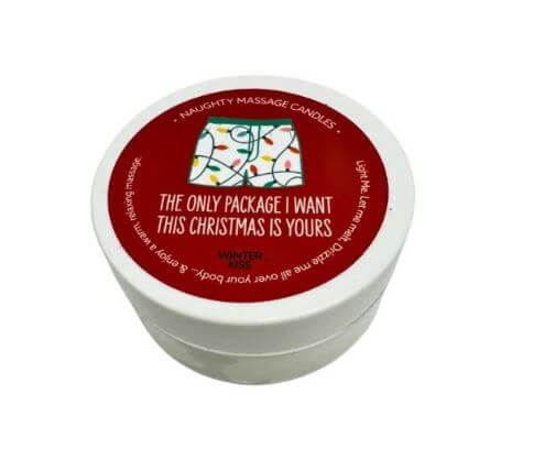 Kama Sutra Holiday Mini Massage Candle with festive saying "The Only Package I Want This Christmas Is Yours" in Winter Spice scent.