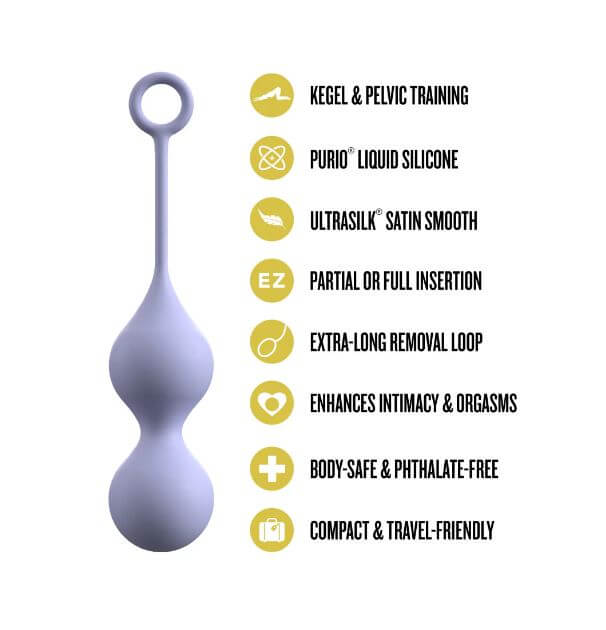 Delice Cheri Silicone Weighted Kegel Trainer Purple features for Kegel and pelvic training, made from body-safe silicone.
