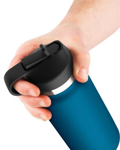 Person holding PDX PLUS Fuck Flask Private Pleaser discreet stroker in blue bottle design.