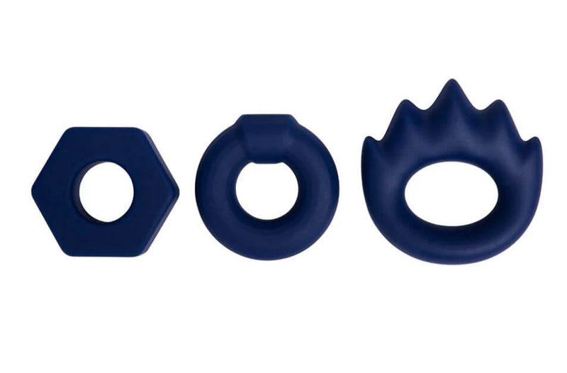 Onzo liquid silicone cock ring set, 3-piece design in various shapes, blue color.