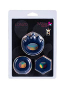 Liquid Silicone Cock Ring Set 3-Piece by ONZO in packaging, featuring stretchy, durable rings for comfort and performance.