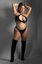 Model wearing EDGE Croc Embossed Wetlook Bralette & Crotchless Panty, adjustable halter, queen size, bold and edgy intimate wear.