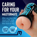 Masturmate male stroker in hand, easy to clean, phthalates-free product instructions displayed