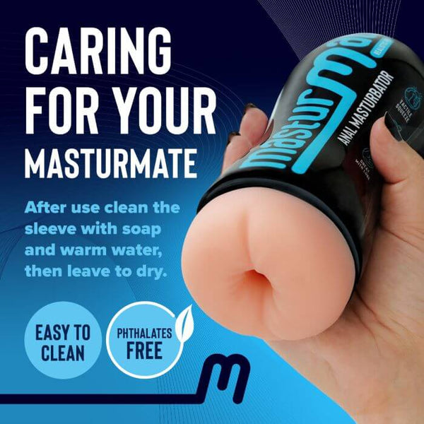 Masturmate male stroker in hand, easy to clean, phthalates-free product instructions displayed