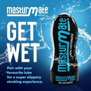 Masturmate Realistic Feel Anal Masturbator in sleek packaging with text "Get Wet" and water splash background.