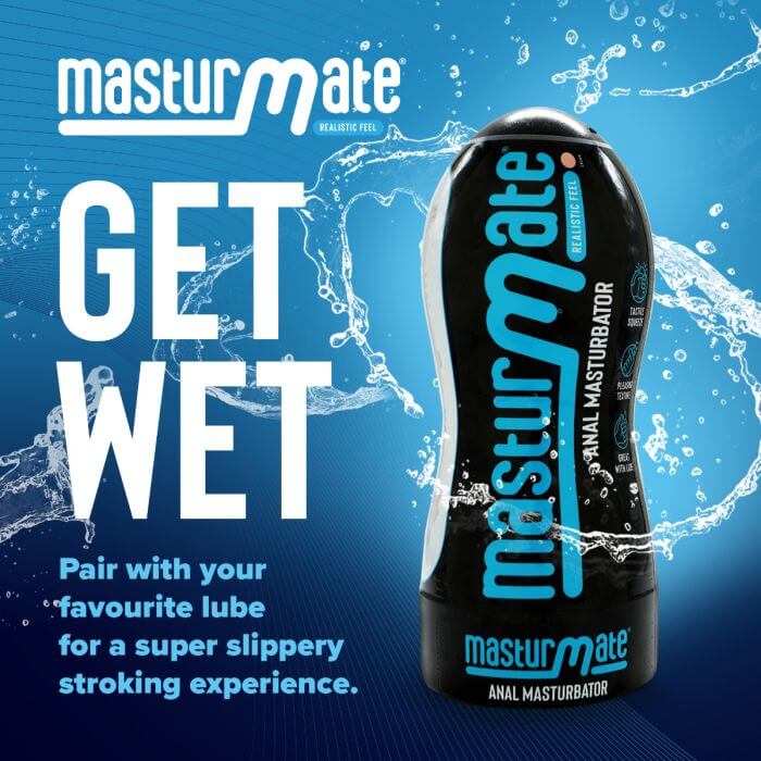 Masturmate Realistic Feel Anal Masturbator in sleek packaging with text "Get Wet" and water splash background.