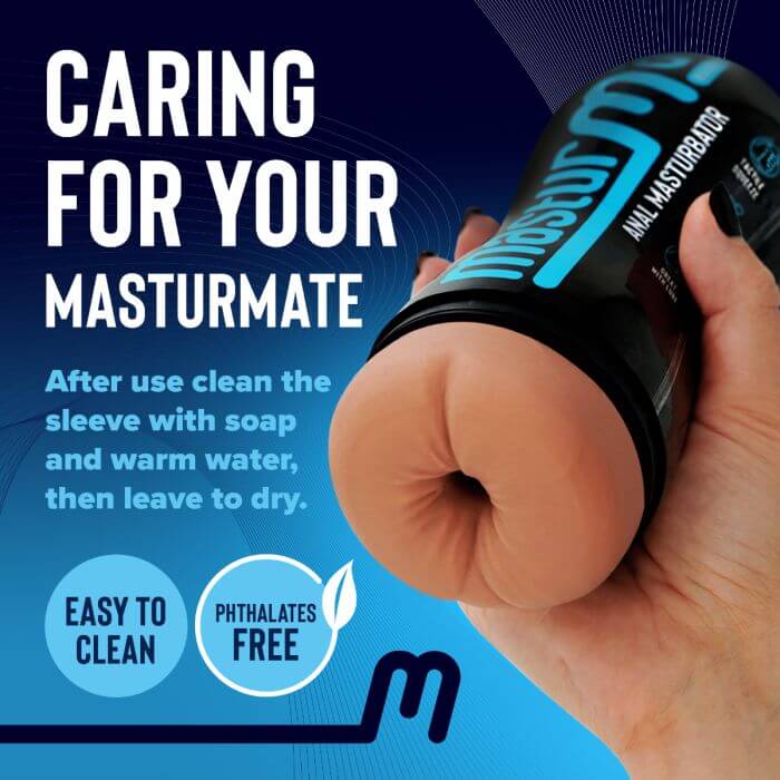 Masturmate male stroker with realistic butt design, easy to clean, phthalates-free, in hand against blue background.