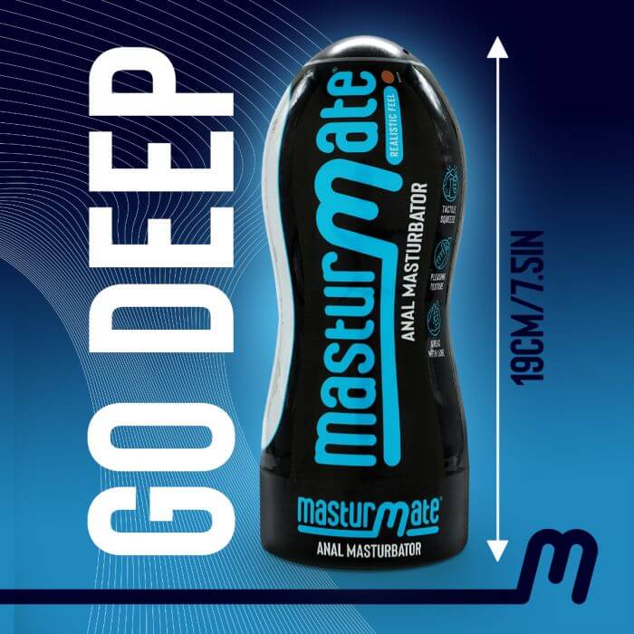 Masturmate Realistic Feel Male Stroker packaging with "Go Deep" text and size details.