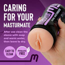 "Masturmate Male Stroker in hand with cleaning instructions and features highlighted"