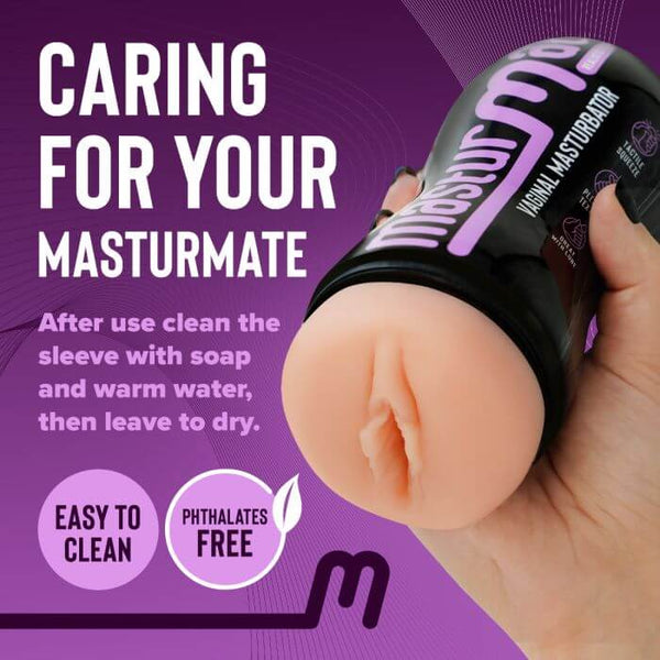 "Masturmate Male Stroker in hand with cleaning instructions and features highlighted"
