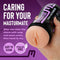 "Masturmate Male Stroker in hand with cleaning instructions and features highlighted"