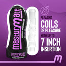 Masturmate vaginal masturbator with textured interior and 7-inch insertion for intense pleasure.