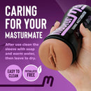 Hand holding Masturmate male stroker with realistic vagina design, highlighting easy cleaning and phthalate-free features.