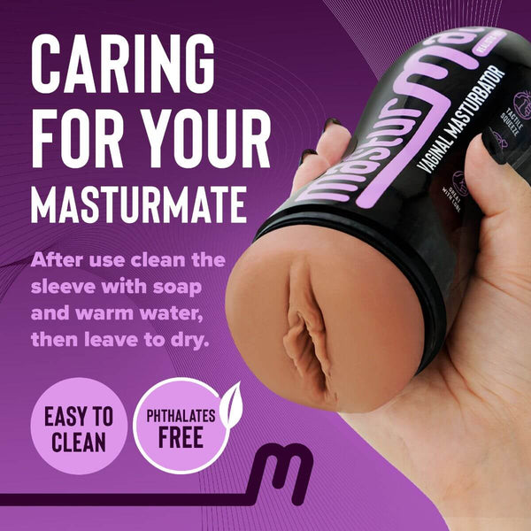 Hand holding Masturmate male stroker with realistic vagina design, highlighting easy cleaning and phthalate-free features.