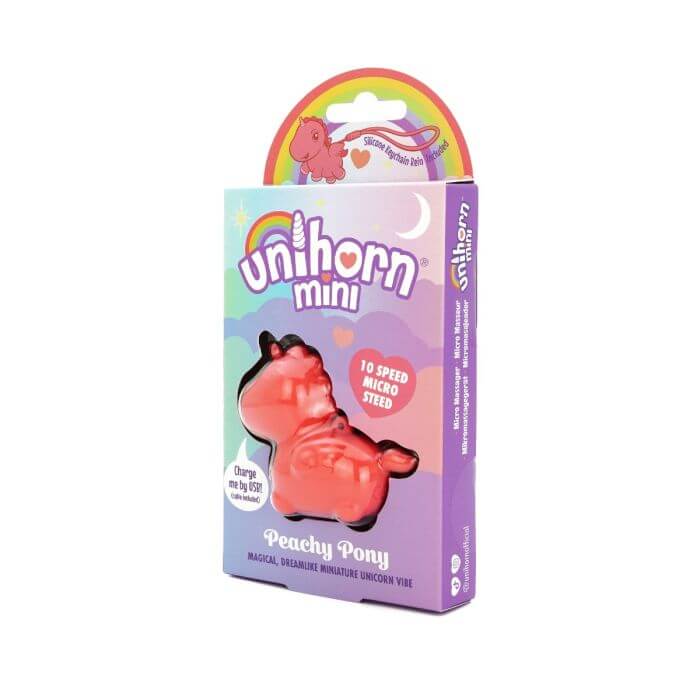 Unihorn Mini Peachy Pony Vibrator packaging with colorful design showcasing the 10-speed micro steed.