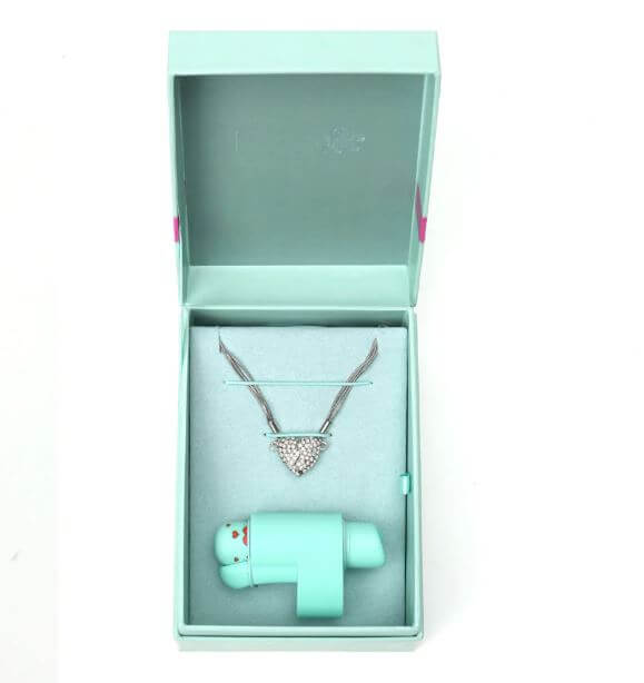 The Love Box by Maia Novelties featuring a heart-shaped pendant and Jaguar Bullet Vibrator in a stylish mint gift box.