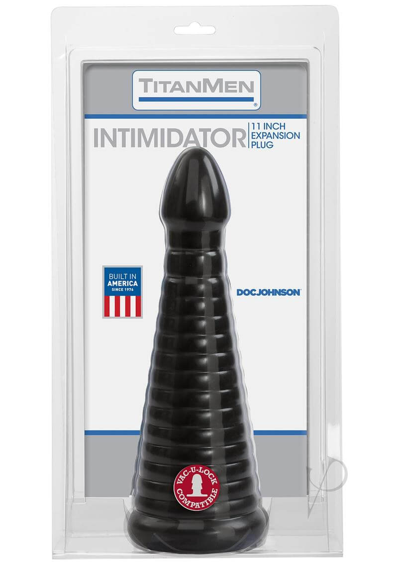 TitanMen Intimidator 11-inch black expansion anal plug in packaging, ribbed shaft for enhanced stimulation.