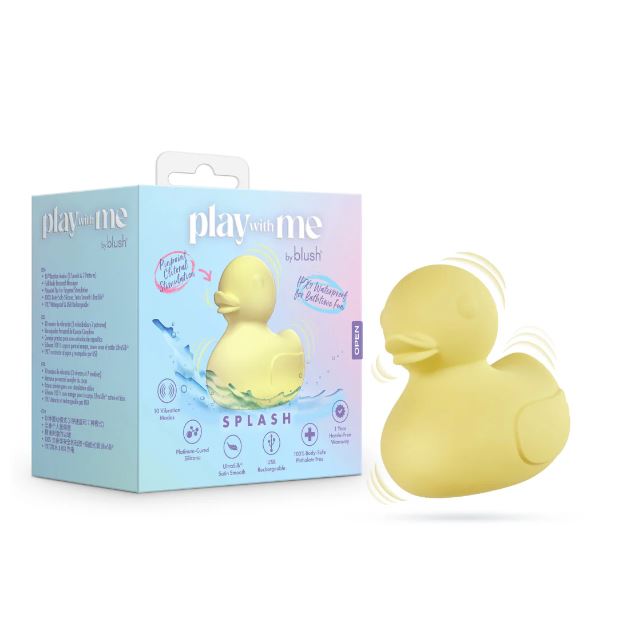 Play With Me Splash Rechargeable Vibrator Yellow in a playful duck design with packaging.