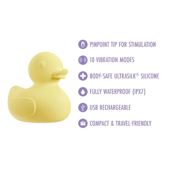 Play With Me Splash Rechargeable Vibrator Yellow features, including 10 vibration modes and waterproof design.