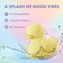 Play With Me Splash Rechargeable Vibrator Yellow, yellow rubber duck, waterproof, 10 vibrating modes, fun bath time accessory.