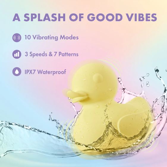 Play With Me Splash Rechargeable Vibrator Yellow, yellow rubber duck, waterproof, 10 vibrating modes, fun bath time accessory.