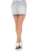 Leg Avenue Rainbow Crochet Net Tights One Size Multicolor styled with a denim skirt and heels for a vibrant look.