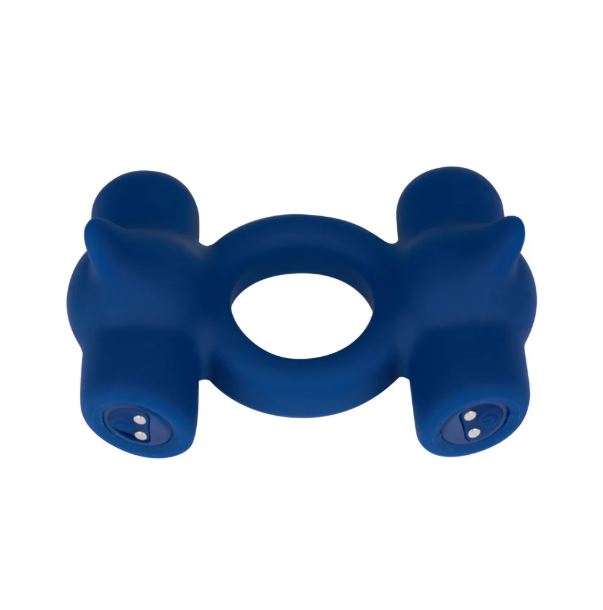 Maia Ronan Power Liquid Silicone C Ring Blue with dual ticklers and removable vibrating bullets for pleasure.