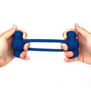 Maia Ronan Power Liquid Silicone C Ring Blue being squeezed by hands, showcasing its flexible design and texture.