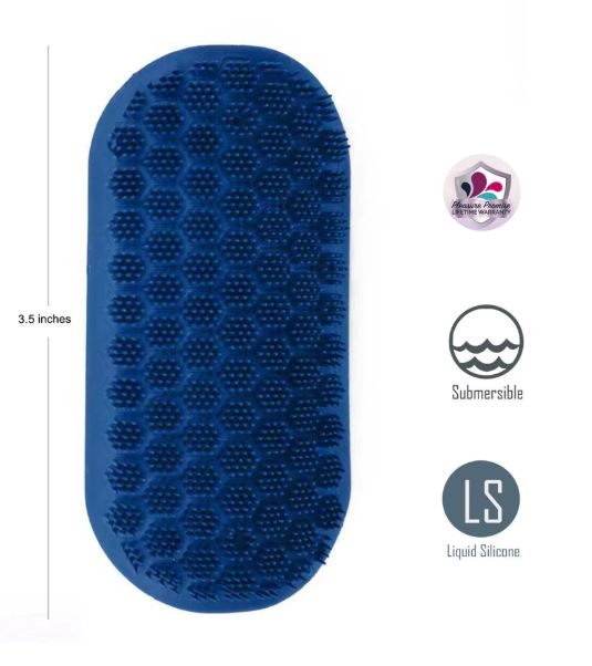 Maia Maddox Silicone Tickling Vibrator Blue soft silicone texture with submersible and liquid silicone features, measuring 3.5 inches.