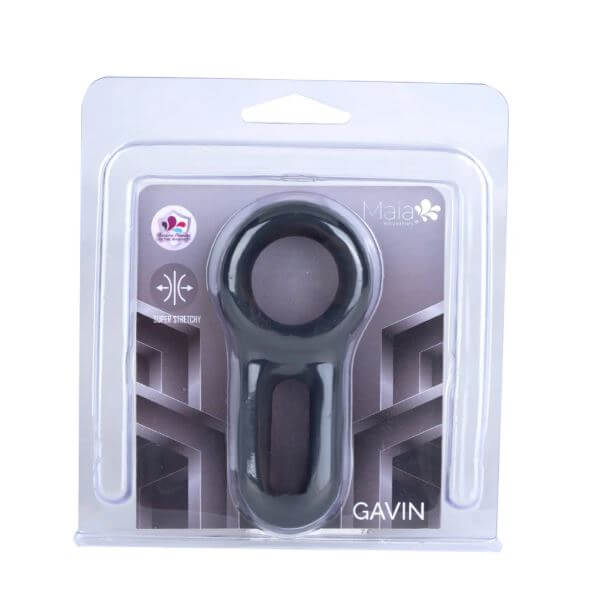 Maia Gavin Black Liquid Silicone C Ring packaging showcasing its double ring design for enhanced performance.
