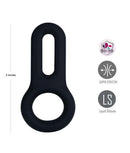 Maia Gavin Black Liquid Silicone C Ring showing its super stretchy double ring design with measurement details.