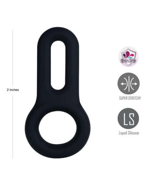 Maia Gavin Black Liquid Silicone C Ring showing its super stretchy double ring design with measurement details.