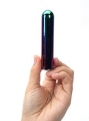 Maia Cosmo Jaguar Power Bullet Vibrator held in hand, showcasing its sleek design and polished aluminum finish.