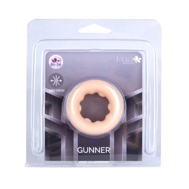 Maia Gunner Vanilla Liquid Silicone C Ring in packaging, designed for enhanced pleasure and performance.