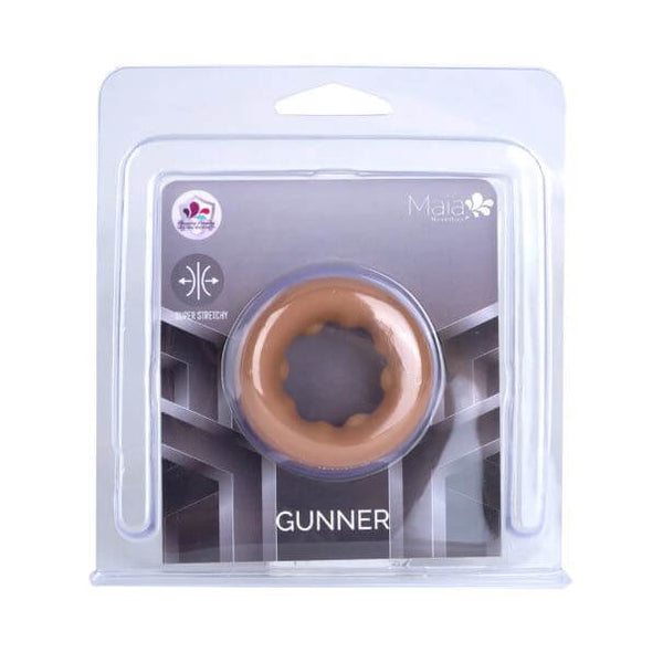 Maia Gunner Caramel Liquid Silicone C ring packaging displayed with a snug and flexible design for enhanced pleasure.
