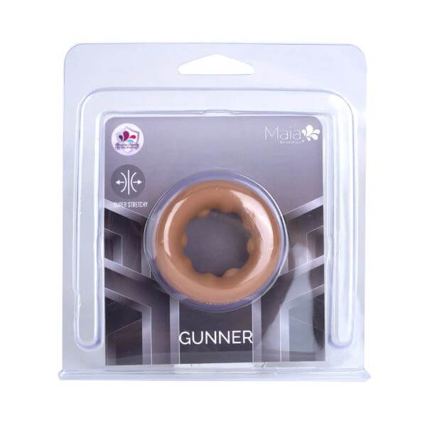 Maia Gunner Caramel Liquid Silicone C ring packaging displayed with a snug and flexible design for enhanced pleasure.