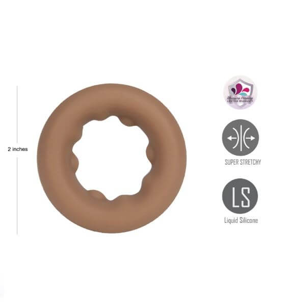 Maia Gunner Caramel Liquid Silicone C ring shown from above, highlighting its super stretchy and durable design.