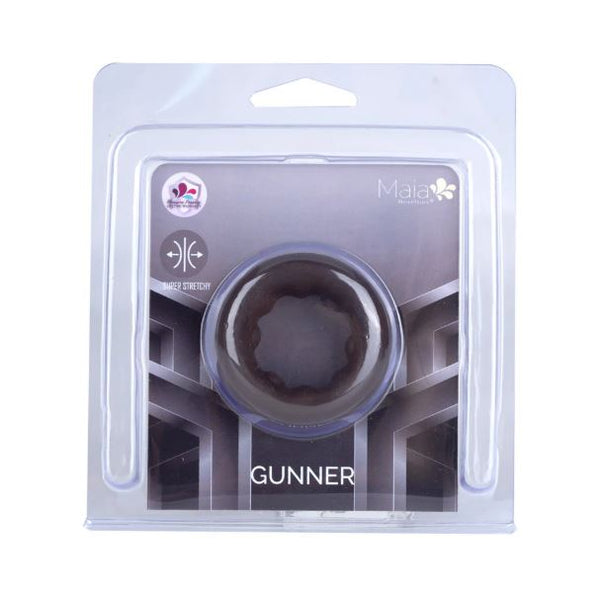 Maia Gunner Liquid Silicone C Ring Chocolate packaging showcasing its super-stretchy design and premium quality.