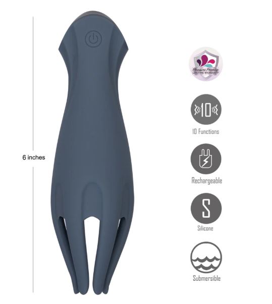 Maia Leo Grey Silicone Tickling Vibrator features 10 functions, rechargeable, silicone, and is submersible.