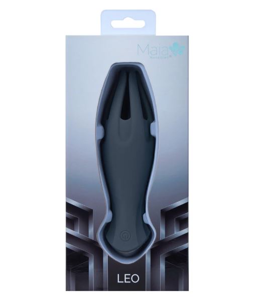 Maia Leo Grey Silicone Tickling Vibrator packaging featuring sleek design and innovative features.
